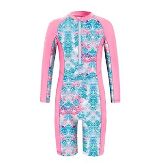 Girls' One-Piece Rash Guard Swimsuit Printed Half-Zip Monokini