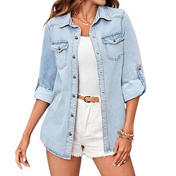 Women's Lapel Button Down Long Sleeve Denim Shirt Jacket Casual Oversized Shacket