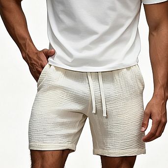 Men Textured Casual Shorts Elastic Waist Drawstring Loose Fit Side Pockets Knee Length Shorts