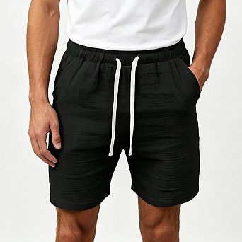 Men Textured Casual Shorts Elastic Waist Drawstring Loose Fit Side Pockets Knee Length Shorts