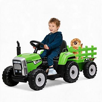 12V Kids Electric Ride-On Tractor with Trailer Remote Control Music LED Lights USB Rechargeable