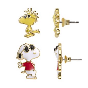 Peanuts Snoopy & Woodstock Gold Tone Crystal Post Earring Set