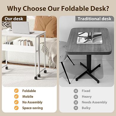 24.8 Inch Folding Computer Desk with Wheels and Storage Shelf