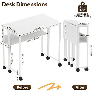 24.8 Inch Folding Computer Desk with Wheels and Storage Shelf
