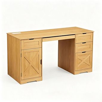 59 Inch Farmhouse Home Office Desk with Charging Station and Keyboard Tray