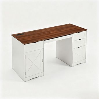 59 Inch Farmhouse Home Office Desk with Charging Station and Keyboard Tray