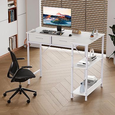 40 Inch L Shaped Computer Gaming Table with 3 Tiers Storage Shelves and 2 Drawers