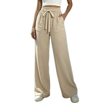 Women's Wide Leg Pants Self Tie Waist Casual Trousers with Pockets