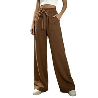 Women's Wide Leg Pants Self Tie Waist Casual Trousers with Pockets