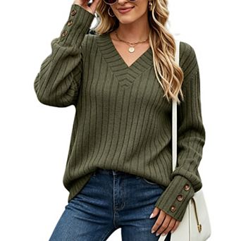 Women's V Neck Vertical Rib Top Button Cuff Drop Shoulder Long Sleeve Casual Office Blouse