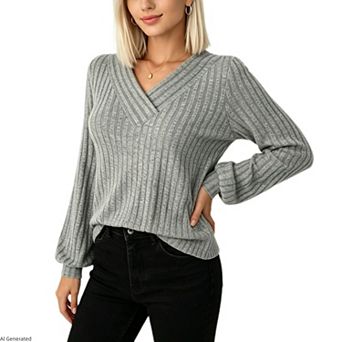 Women's Wrap V Neck Rib Top Puff Long Sleeve Casual Office Knit Blouse