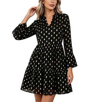 Women's V Neck Dot Dress Bow Tie Flounce Long Sleeve Tiered Mini Casual Sundress