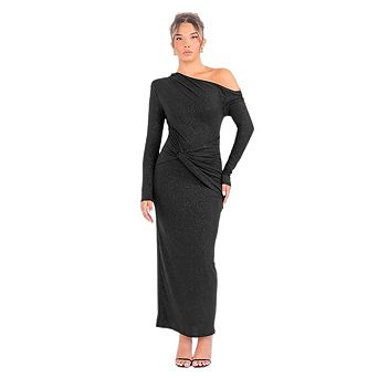 Women's One Shoulder Long Sleeve Bodycon Dress Formal Elegant Ruched Maxi Dresses