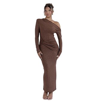 Women's One Shoulder Long Sleeve Bodycon Dress Formal Elegant Ruched Maxi Dresses