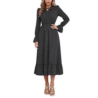 Women's Tie Neck Polka Dot Dress Long Sleeve Elastic Waist Ruffle Hem Midi Casual Dresses