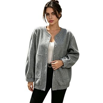 Women's Casual V Neck Open Front Jacket Loose Long Sleeve Coat With Pockets