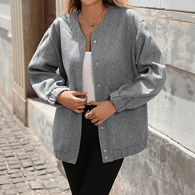 Women's Casual V Neck Open Front Jacket Loose Long Sleeve Coat With Pockets