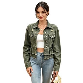 Women's Casual Lapel Button Down Jean Jacket Long Sleeve Ruffled Frayed Hem Coat With Chest Pockets
