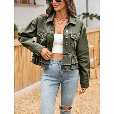 Women's Casual Lapel Button Down Jean Jacket Long Sleeve Ruffled Frayed Hem Coat With Chest Pockets