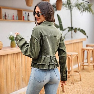Women's Casual Lapel Button Down Jean Jacket Long Sleeve Ruffled Frayed Hem Coat With Chest Pockets