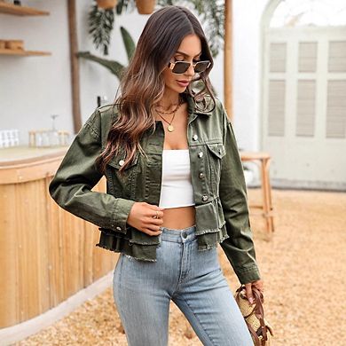 Women's Casual Lapel Button Down Jean Jacket Long Sleeve Ruffled Frayed Hem Coat With Chest Pockets