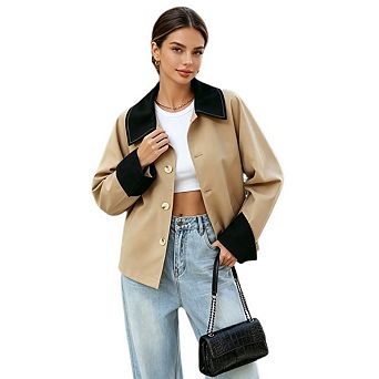 Women's Loose Lapel Single-Breasted Jacket Casual Color Block Crop Coat With Pockets
