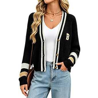 Women's V Neck Button Down Cardigan Color Block Stripe Relaxed Fit Knit Sweater Jacket