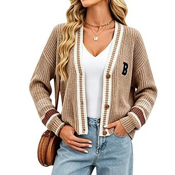 Women's V Neck Button Down Cardigan Color Block Stripe Relaxed Fit Knit Sweater Jacket