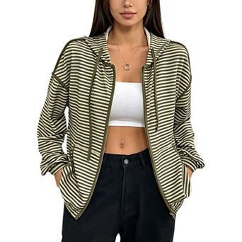 Women's Oversized Striped Jacket Hooded Zip Up Long Sleeve Casual Sweatshirt with Pockets