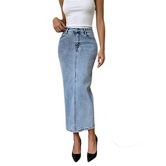 Women's High Waist Stretch Denim Causal Back Slit Bodycon Midi Pencil Skirt for Office