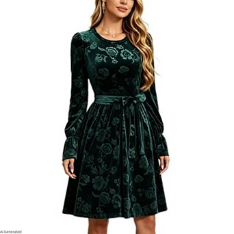 Women's Floral Velvet Short Dress Round Neck Bell Sleeve Tie Waist A Line Dress for Evening Cocktail