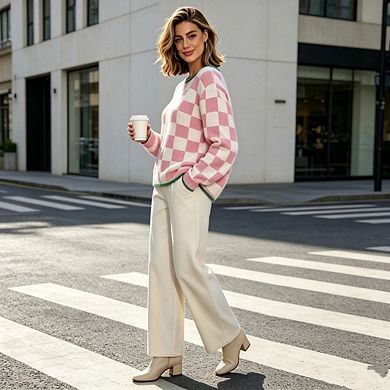 Women's Casual Checkerboard Color Block Knit Tops Loose Crew Neck Long Sleeve Pullover Sweater