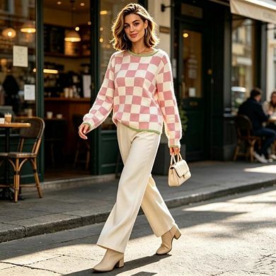 Women's Casual Checkerboard Color Block Knit Tops Loose Crew Neck Long Sleeve Pullover Sweater