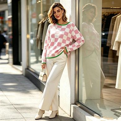 Women's Casual Checkerboard Color Block Knit Tops Loose Crew Neck Long Sleeve Pullover Sweater