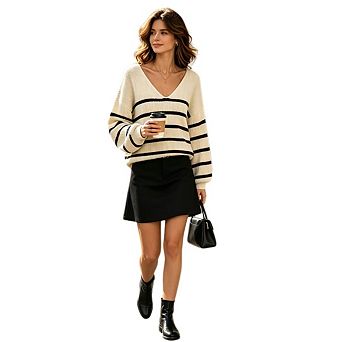 Women's Casual Bow Tie Back Color Block Knit Tops Loose V Neck Long Sleeve Striped Pullover Sweater