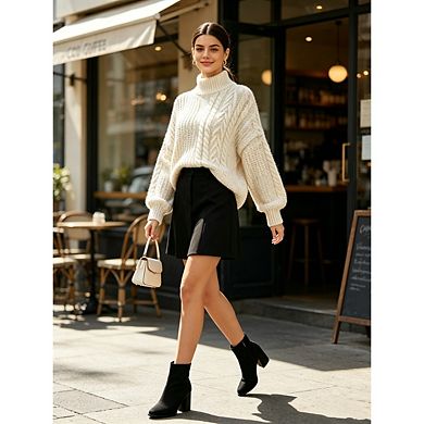 Women's Casual Cable Ribbed Knit Tops Loose Mock Neck Long Sleeve Pullover Sweater
