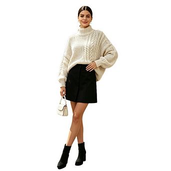 Women's Casual Cable Ribbed Knit Tops Loose Mock Neck Long Sleeve Pullover Sweater