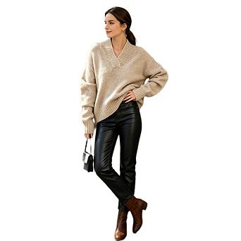 Women's Casual V Neck Ribbed Knit Tops Loose Long Sleeve Pullover Sweater