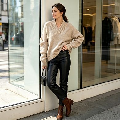 Women's Casual V Neck Ribbed Knit Tops Loose Long Sleeve Pullover Sweater