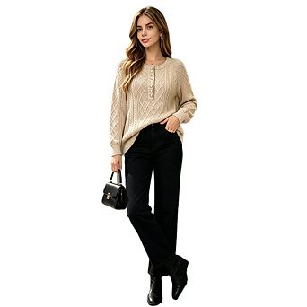Women's Casual Button Cable Knit Tops Long Sleeve Crew Neck Pullover Sweater