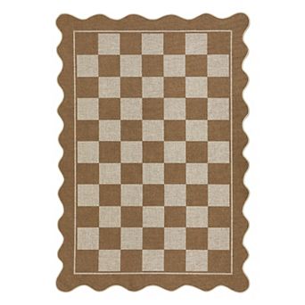 Scalloped Machine Washable Area Rug with Rubber Backing Non-Slip Low-Pile Indoor Outdoor Carpet