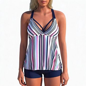 Plus Size Women Two Piece Swimsuit V Neck Print Tankini Top & Solid Shorts Beach Vacation Swimsuit