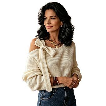 Women's Off Shoulder Bow Tie Pullover Top Casual Long Sleeve Slim Fit Ribbed Sweater