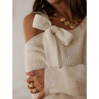 Women's Off Shoulder Bow Tie Pullover Top Casual Long Sleeve Slim Fit Ribbed Sweater