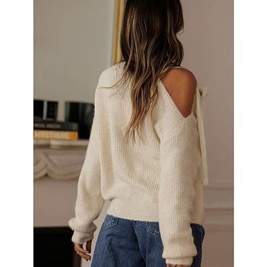 Women's Off Shoulder Bow Tie Pullover Top Casual Long Sleeve Slim Fit Ribbed Sweater
