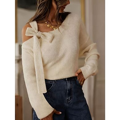 Women's Off Shoulder Bow Tie Pullover Top Casual Long Sleeve Slim Fit Ribbed Sweater