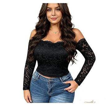 Women's Plus Size Floral Lace Off Shoulder Blouse Scalloped Neckline Long Sleeve Slim Crop Tops
