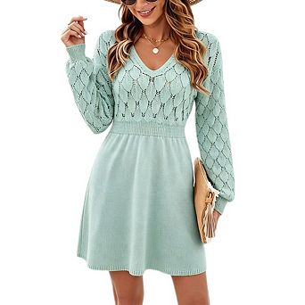 Women's V Neck Hollow Knit Lantern Sleeve Smocked Waist A Line Mini Knit Dress