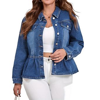 Women's Plus Size Vintage Denim Jacket Slim Fit Coat Long Sleeve Button Down Jacket With Ruffle Hem