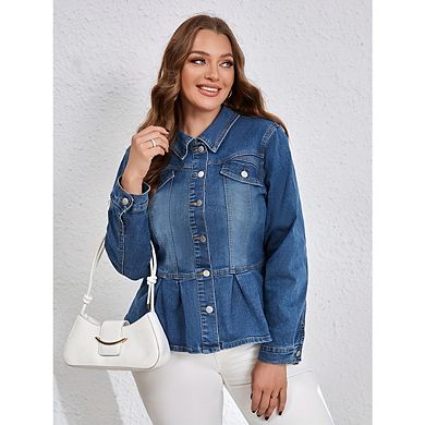 Women's Plus Size Vintage Denim Jacket Slim Fit Coat Long Sleeve Button Down Jacket With Ruffle Hem